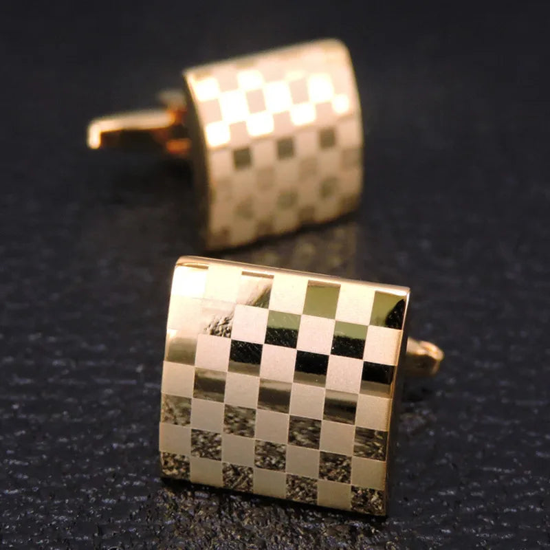 3M Royal Gold Check Cufflinks-Modern Business Style